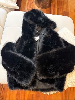 H&M Black Faux Fur Hooded Jacket
